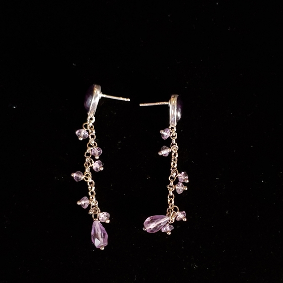Purple and Silver Dangling Earrings Stone Glass - Picture 3 of 9